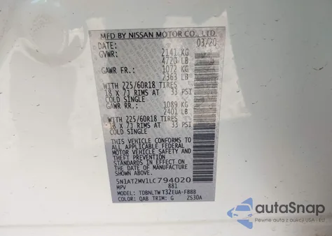 2020 Nissan Rogue Sv Intelligent Awd from USA, damaged, VIN 5N1AT2MV1LC794020